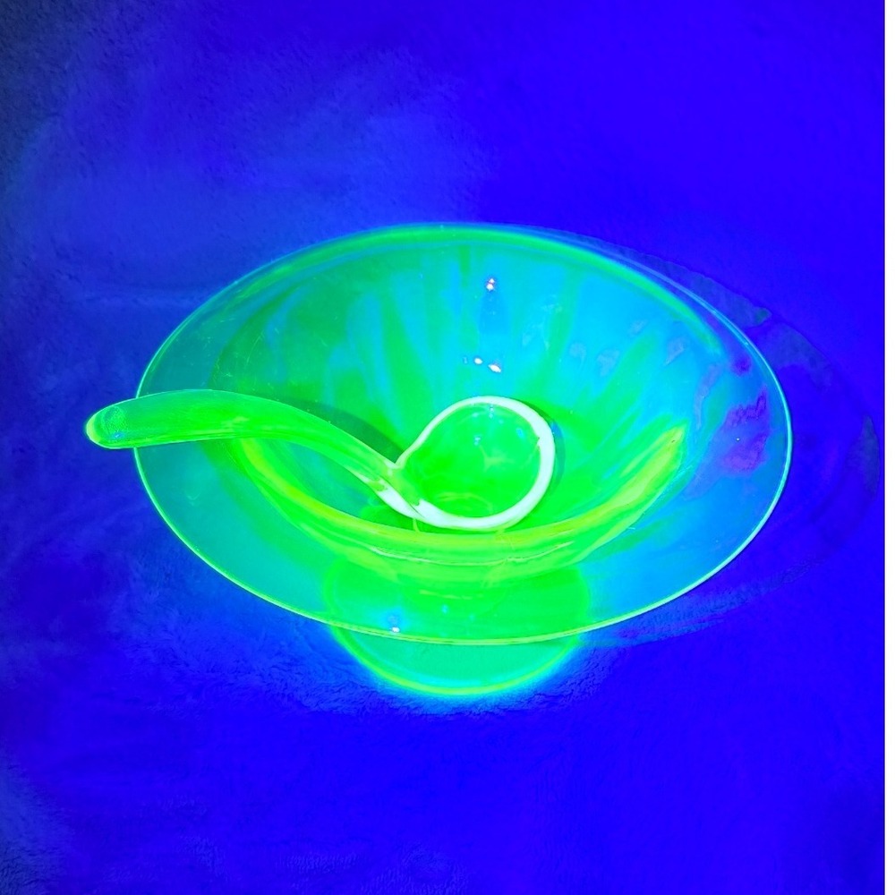 Vintage Uranium Glass Footed Pedestal Mayonnaise Bowl Spoon Set